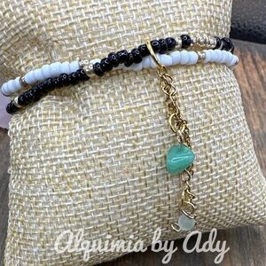 Aventurine gold multi charms black white bracelet beaded seeds stack